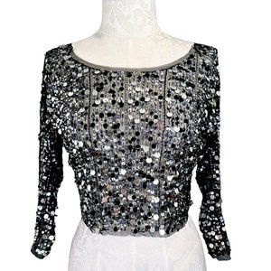 havenbleu Black Sheer Silver Sequin Cropped Long Sleeve Top Small